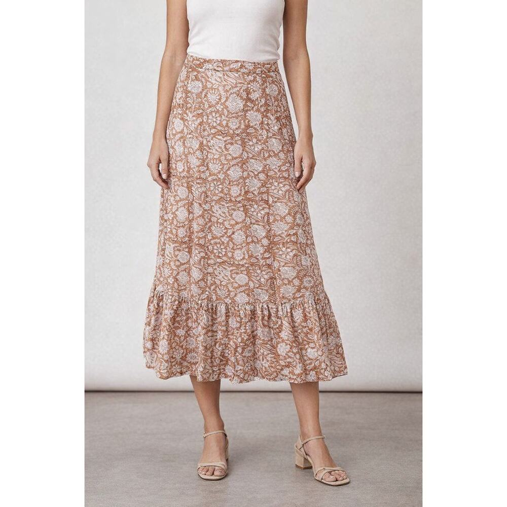 Le Bazar Coastal Floral Tiered Ruffle Hem Midi Skirt Terracotta Small